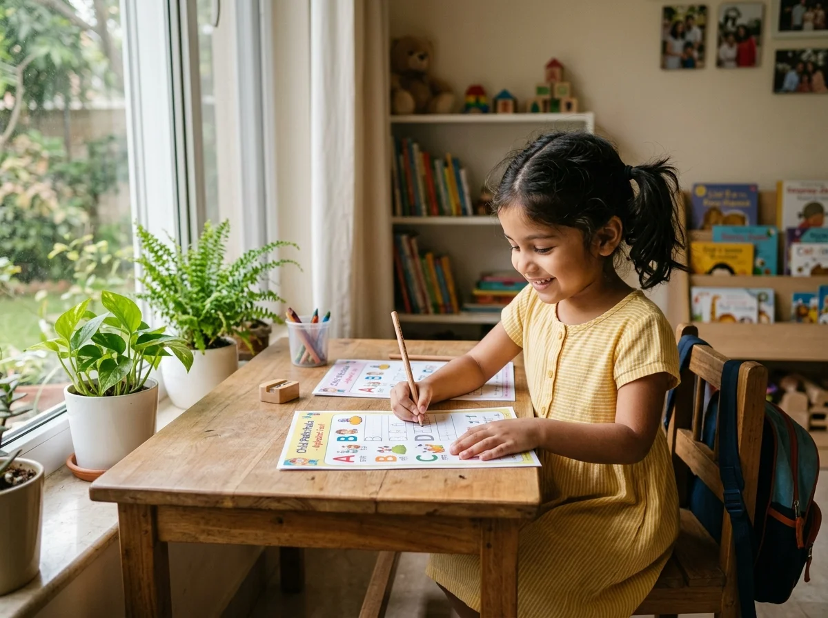 Child in deep screen-free concentration practicing pencil grip and letter tracing
