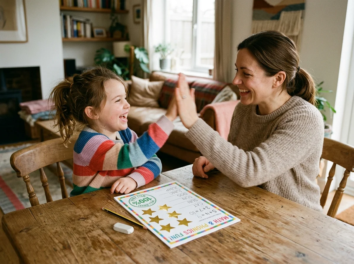 Joyful mother and child giving high five over gold star worksheet