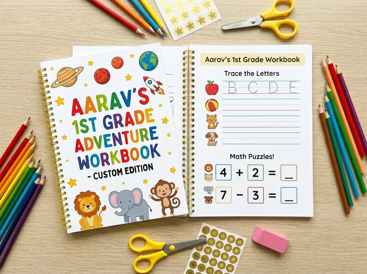 Overhead flat lay of custom spiral-bound workbook with child name