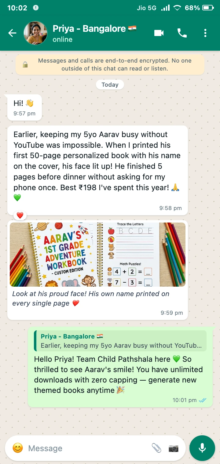 WhatsApp Review from Priya, Bangalore