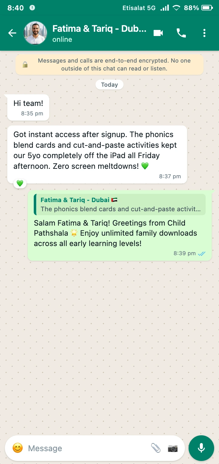 WhatsApp Review from Fatima & Tariq, Dubai