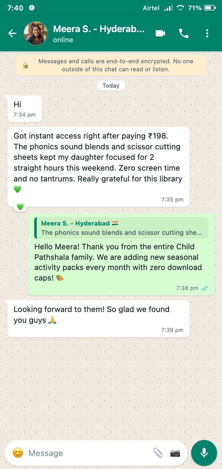 WhatsApp Review from Meera, Hyderabad