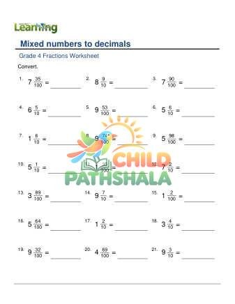 Mixed Numbers To Decimals C Worksheet for Grade 4