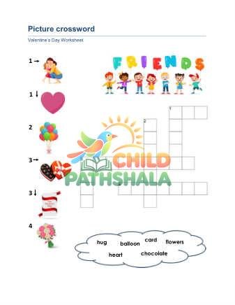 Valentine Picture Crossword Worksheet for Grade 1