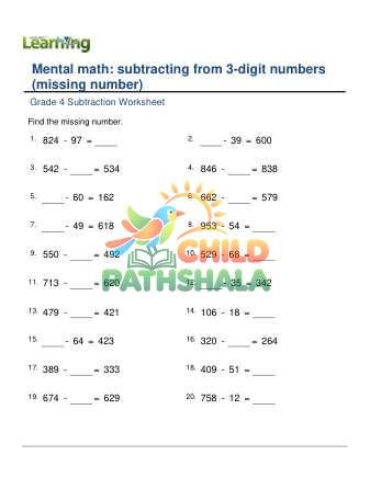 Preview of Subtract From 3 Digit Missing Number A