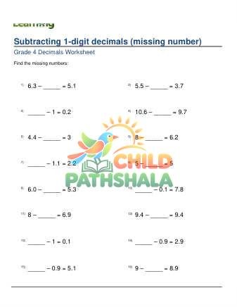 Subtracting Decimals 1 Digit Missing Number C