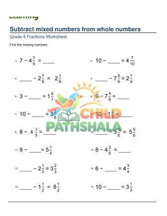 Preview of Subtracting Mixed Numbers From Whole Numbers F