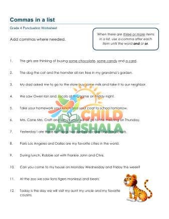 Commas List B Worksheet for Grade 4