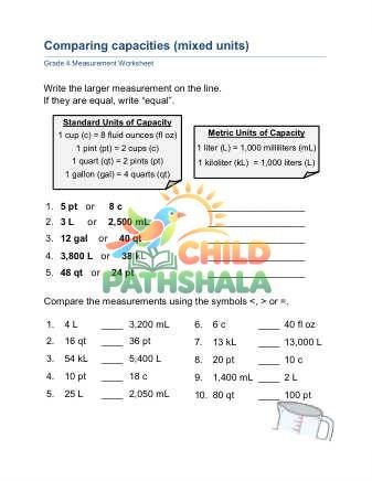 Compare Capacities E Worksheet for Grade 4