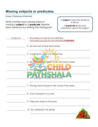 Missing Subjects Predicates A Worksheet for Grade 4