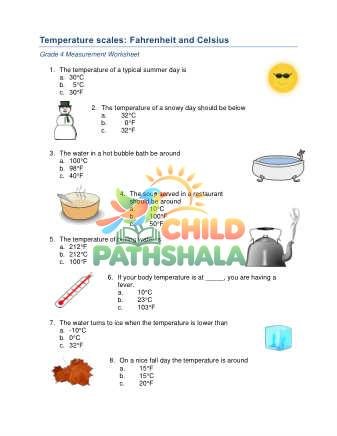 Temperature Fahrenheit Celsius A Worksheet for Grade 4