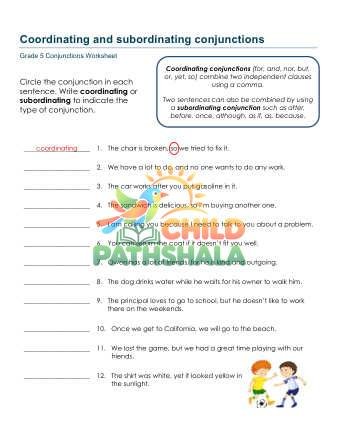 Conjunctions A Worksheet for Grade 5