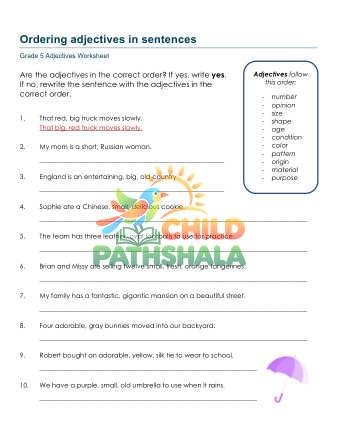 Order Of Adjectives A Worksheet for Grade 5
