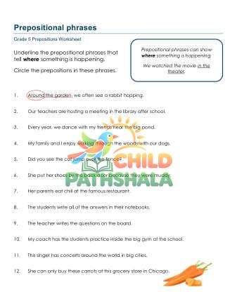 Prepositional Phrases A Worksheet for Grade 5