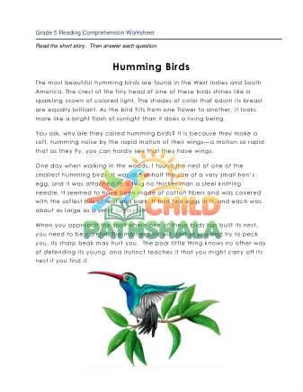 Preview of 5 Reading Hummingbirds