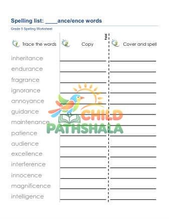 Spelling List Ance Ence Suffix Words Worksheet for Grade 5