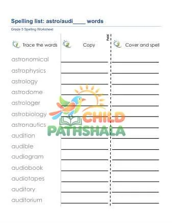 Preview of Spelling List Astro Audi Prefix Words