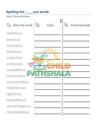 Preview of Spelling List Ous Suffix Words