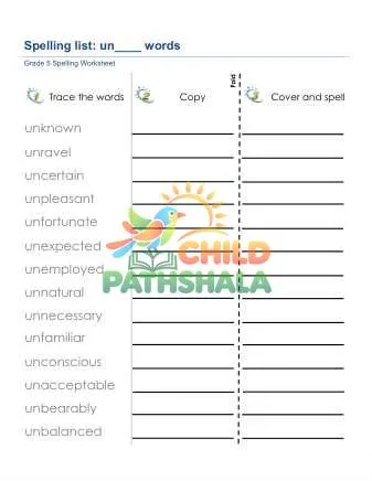 Preview of Spelling List Un Prefix Words