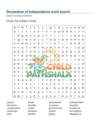 Declaration Of Independence Word Search Worksheet for Grade 5