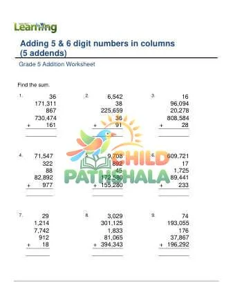 Preview of Add Five 5or6 Digit Numbers In Columns