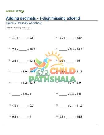 Preview of Adding Decimals 1 Digit Missing Addend A
