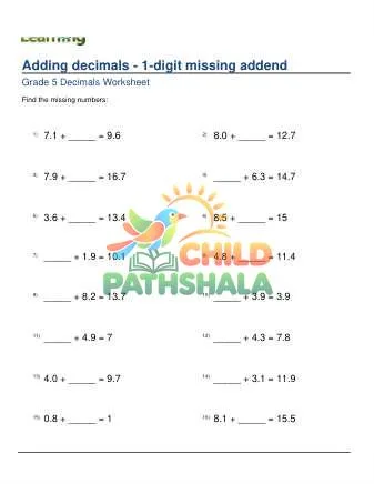 Preview of Adding Decimals 1 Digit Missing Addend
