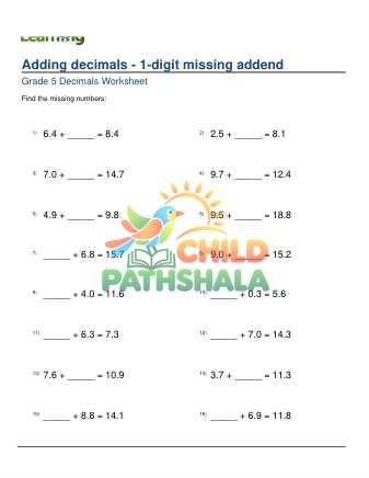Preview of Adding Decimals 1 Digit Missing Addend B