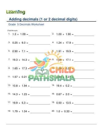Adding Decimals 1or2 Digit E Worksheet for Grade 5