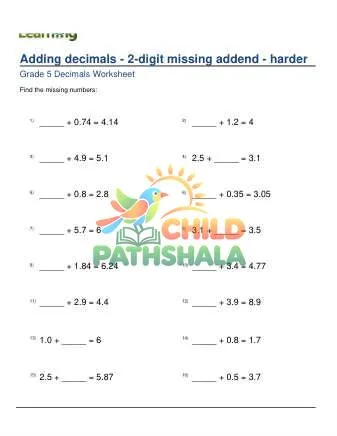 Preview of Adding Decimals 2 Digit Missing Addend Harder