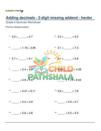 Preview of Adding Decimals 2 Digit Missing Addend Harder C