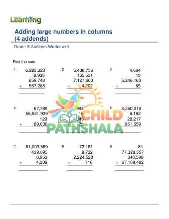 Addition Lage Numbers In Columns 4 Addends B