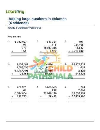 Addition Lage Numbers In Columns 4 Addends E Worksheet for Grade 5