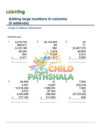 Preview of Addition Lage Numbers In Columns 6 Addends E