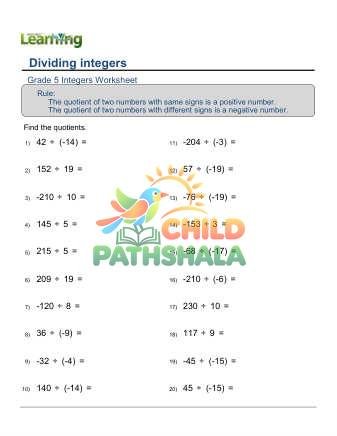 Integers Division B Worksheet for Grade 5