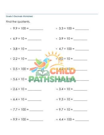 Dividing Decimals 1d By 10 100 A