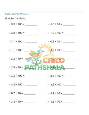 Dividing Decimals 1d By 10 100 B