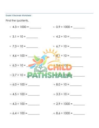 Dividing Decimals 1d By 10 100 1000 A