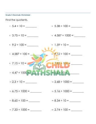 Dividing Decimals 1d By 10 100 1000 C Worksheet for Grade 5