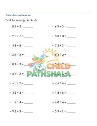 Dividing Decimals By Whole Number B Worksheet for Grade 5