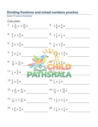 Dividing Fractions Mixed Numbers Practice C Worksheet for Grade 5