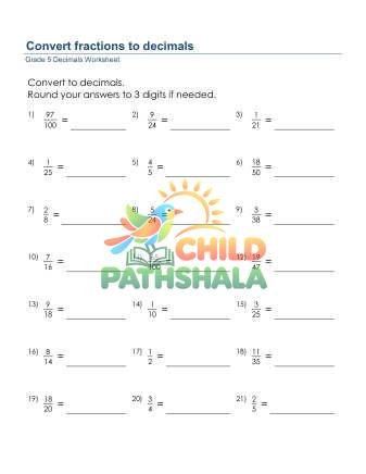Fractions To Decimals Proper C Worksheet for Grade 5