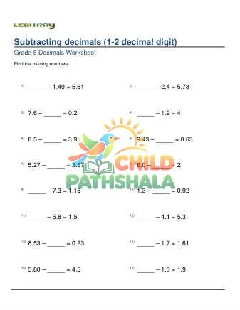 Preview of Subtracting Decimals 1 2 Digit Missing Minuend Subtrahend