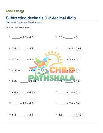 Subtracting Decimals 1 2 Digit Missing Minuend Subtrahend C