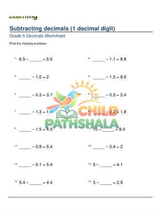 Subtracting Decimals 1 Digit Missing Minuend Subtrahend A