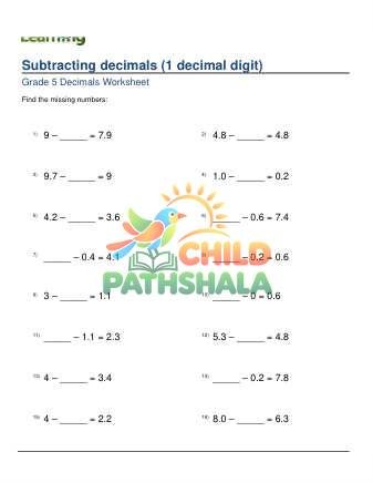Subtracting Decimals 1 Digit Missing Minuend Subtrahend B Worksheet for Grade 5