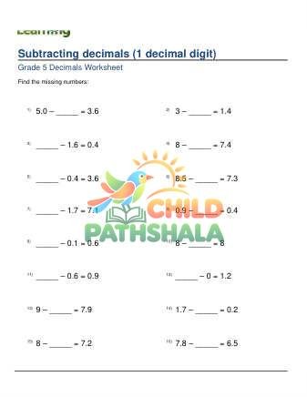 Subtracting Decimals 1 Digit Missing Minuend Subtrahend D