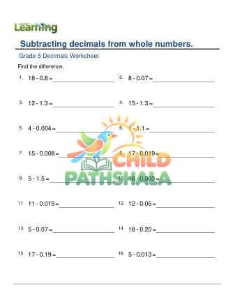 Subtracting Decimals Whole Numbers A