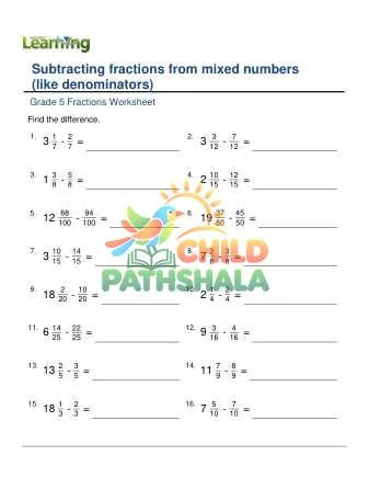 Preview of Subtracting Fractions From Mixed Numbers