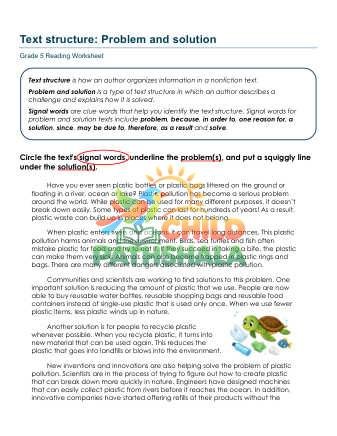 Problem Solution Text Structure Worksheet for Grade 5